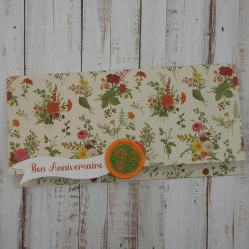 Pochette cadeau anniversaire sceau de cire orange pour billet, chèque, place de spectacle bouquets multicolores fait main