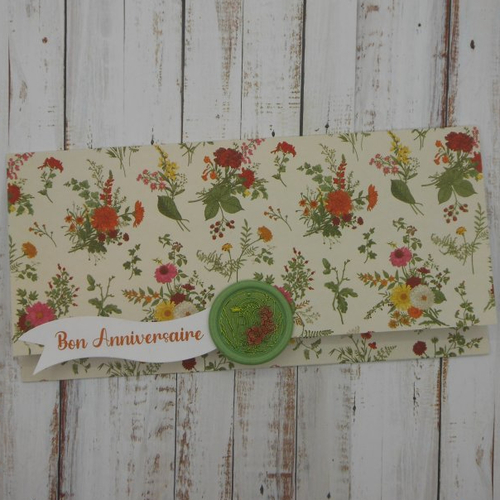 Pochette cadeau anniversaire sceau de cire vert pour billet, chèque, place de spectacle bouquets multicolores fait main