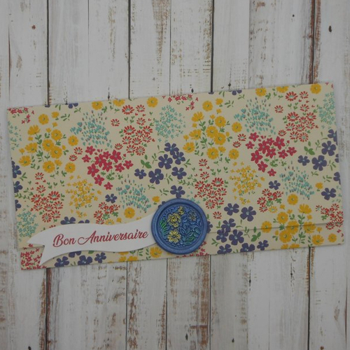 Pochette cadeau anniversaire sceau de cire fleurs bleu pour billet, chèque, place de spectacle fleurettes multicolores fait main