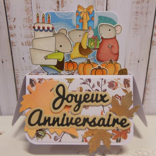 Carte anniversaire souris et cadeaux pop up boite 3d thème automne enfant garçon fille fait main