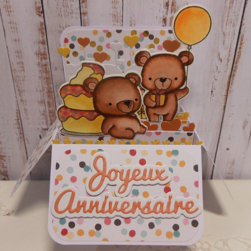 Carte anniversaire oursons pop up boite 3d tons orange et marron fait main
