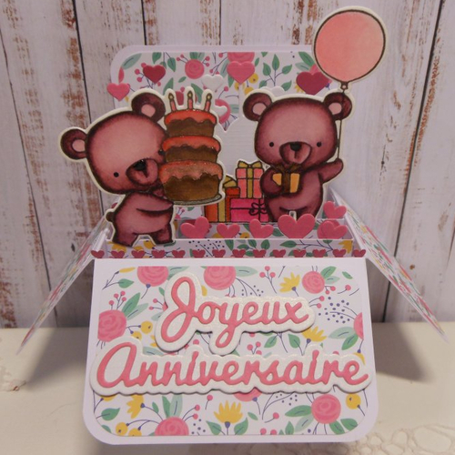 Carte anniversaire oursons pop up boite 3d tons rose fait main
