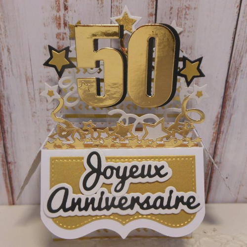 Carte anniversaire pop up boîte 3d 50 ans or miroir blanc er doré femme mariage masculine homme fait main
