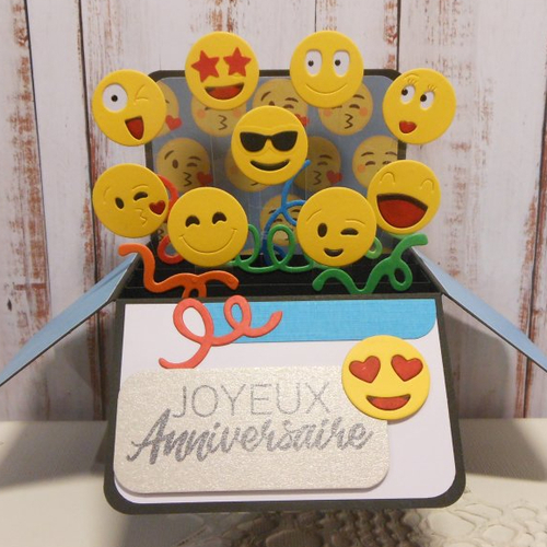 Carte anniversaire pop-up boîte 3d émojis émoticônes smileys coeurs fait main