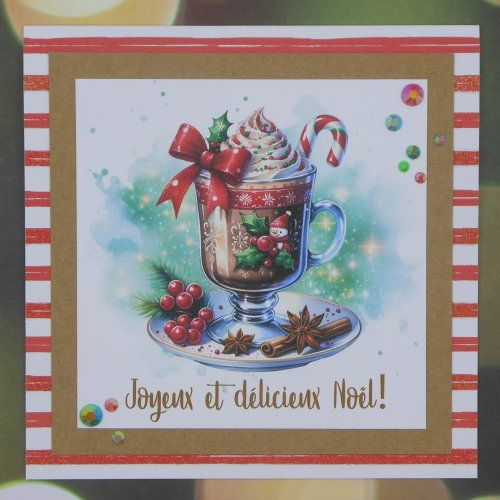 Carte joyeux et délicieux noël chocolat chaud verre à pied rouge et vert fait main