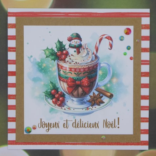 Carte joyeux et délicieux noël chocolat chaud tasse à pied rouge et vert fait main