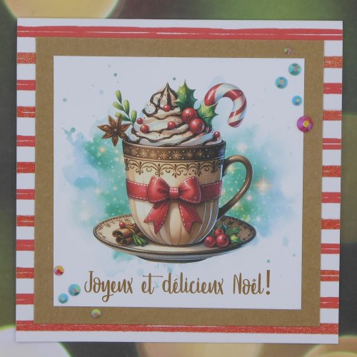 Carte joyeux et délicieux noël chocolat chaud grande tasse rouge et vert fait main