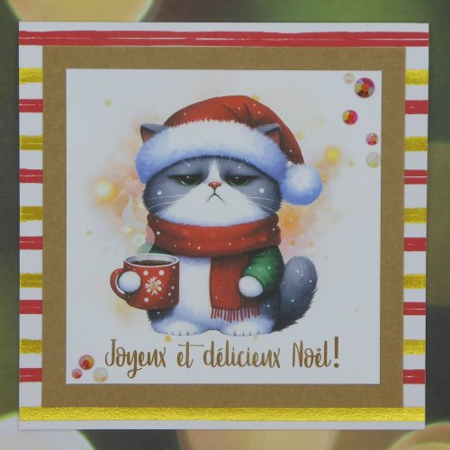 Carte joyeux et délicieux noël chat gris et blanc et son mug de chocolat chaud rouge et touche de vert fait main