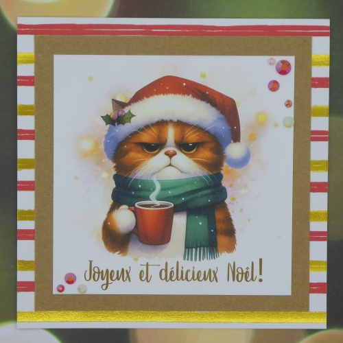 Carte joyeux et délicieux noël chat roux et blanc et son mug de chocolat chaud rouge et touche de vert fait main