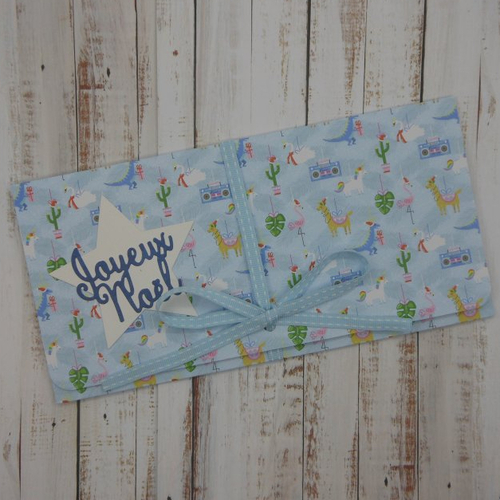 Pochette cadeau de noël billet, chèque, place de spectacle licorne lama dinosaure bleu fait main