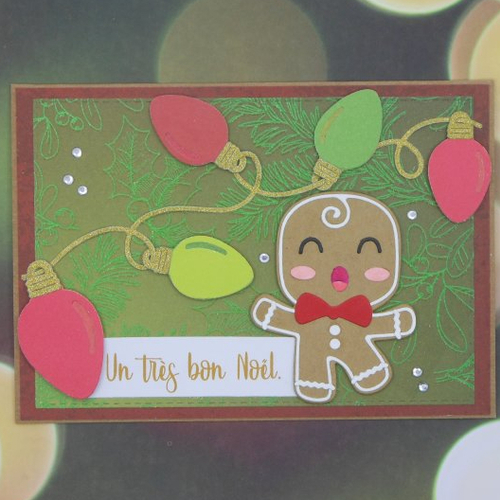 Carte très bon noël bonhomme pain d'épices et guirlande lumineuse rouge et vert fait main