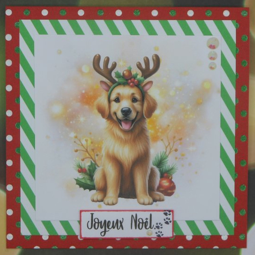 Carte joyeux noël chien retriever rouge et vert fait main