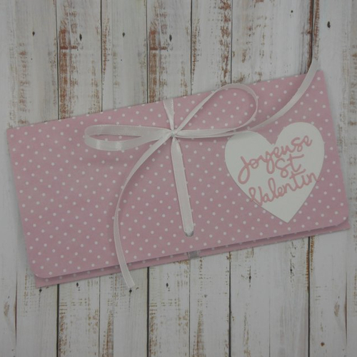 Pochette cadeau billet, chèque, place de spectacle saint valentin rose pois blancs fait main