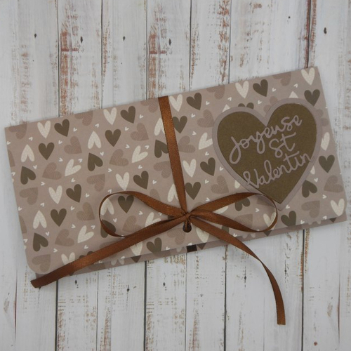 Pochette cadeau billet, chèque, place de spectacle saint valentin coeurs chocolat et tons chauds fait main