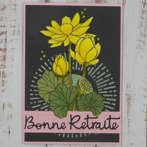 Carte bonne retraite fleurs de lotus jaune fond rose fait main