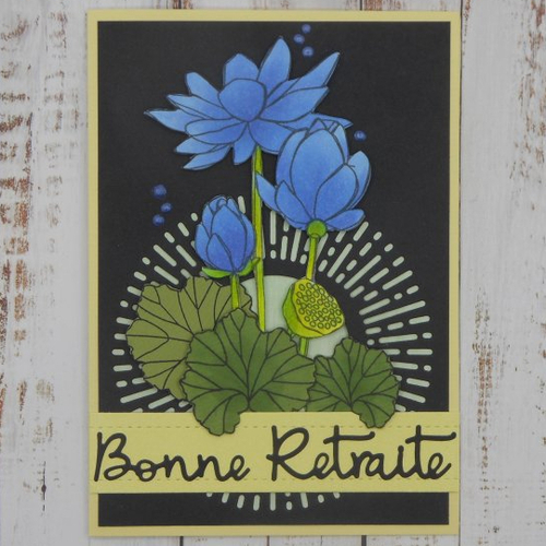 Carte bonne retraite fleurs de lotus bleu fond jaune fait main