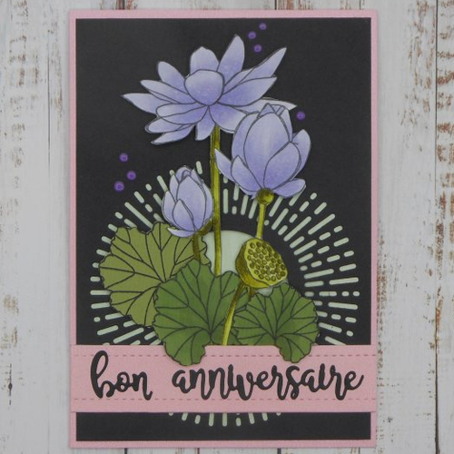 Carte anniversaire fleurs de lotus violet/bleu fond rose fait main