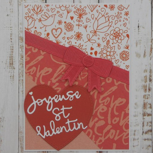 Carte saint valentin tons de rouge fleuri coeurs et noeud fait main