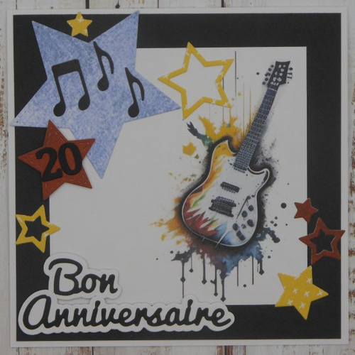 Carte anniversaire âge personnalisable 20 ans guitare électrique étoiles musicien ado garçon fille noir bleu rouge jaune fait main