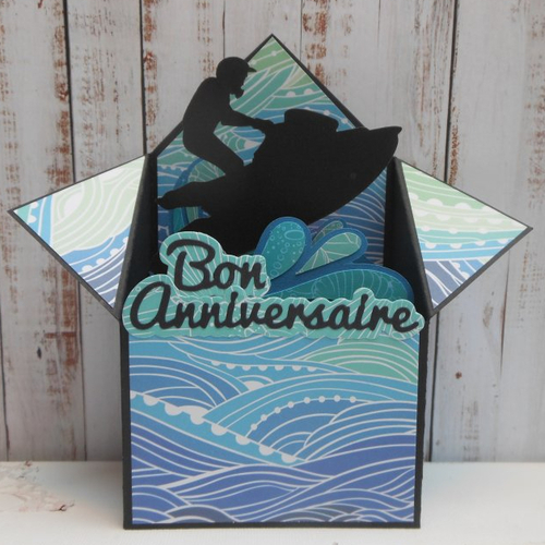 Carte anniversaire pop-up boîte 3d thème jet ski mer bleu vert noir masculine homme sport fait main