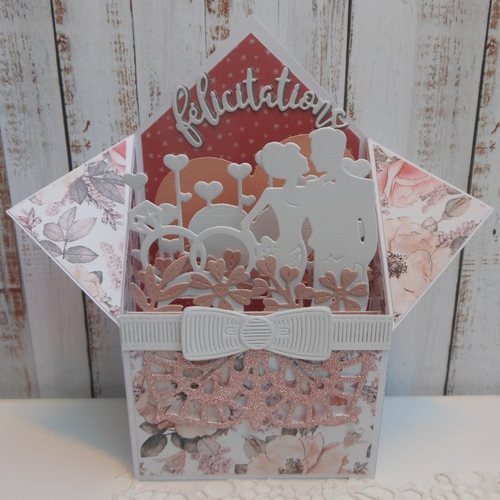 Carte mariage félicitations pop-up boîte 3d tons rose saumon et gris pacs  fait main