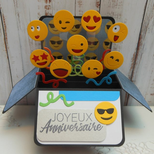 Carte anniversaire pop-up boîte 3d émojis émoticônes smileys lunette cool bleu fait main