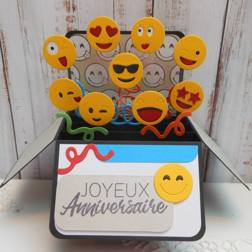 Carte anniversaire pop-up boîte 3d émojis émoticônes smileys sourire gris fait main