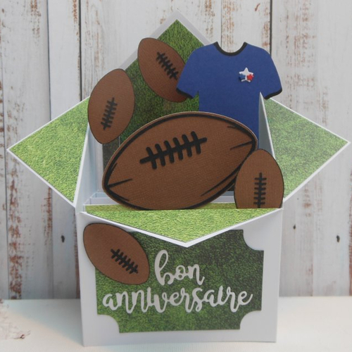 Carte anniversaire pop-up boîte 3d masculine homme ballon de rugby maillot couleurs france fait main