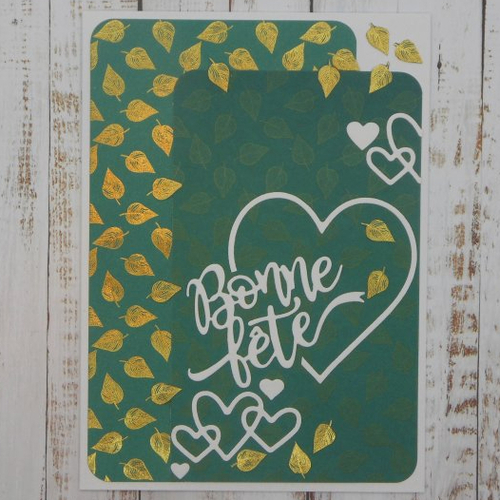 Carte bonne fête masculine homme tons de vert or et coeur blancs fête des pères papa grand-père papy papi fait main