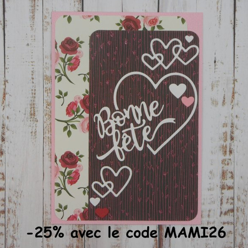 Carte bonne fête roses noir coeurs blancs maman fête des mères grand-mère mamie mamy fait main