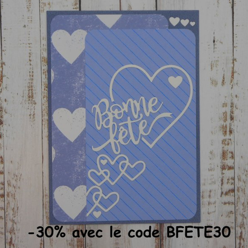 Carte bonne fête masculine homme tons de bleu et coeur blancs fête des pères papa grand-père papy papi fait main