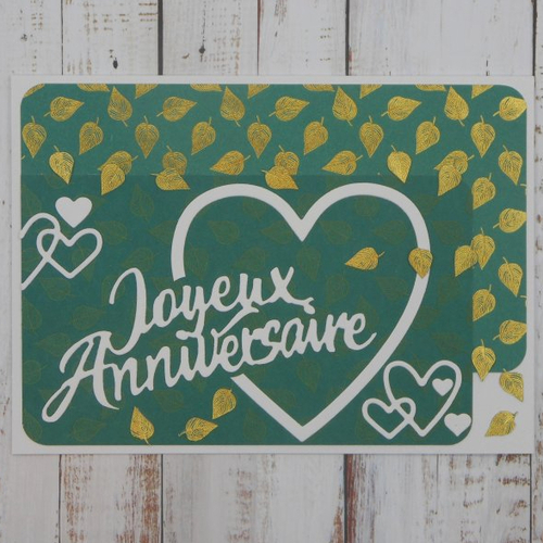 Carte anniversaire masculine homme tons de vert or et coeur blancs fait main