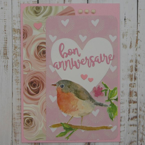 Vendu- carte anniversaire roses oiseau et coeur fait main