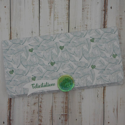 Pochette cadeau félicitations avec sceau de cire pour billet, chèque, place de spectacle mariage pacs feuillage coeurs vert fait main