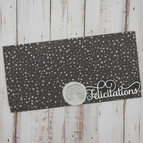Pochette cadeau félicitations avec sceau de cire pour billet, chèque, place de spectacle mariage pacs fleurettes blanc noir 1  fait main
