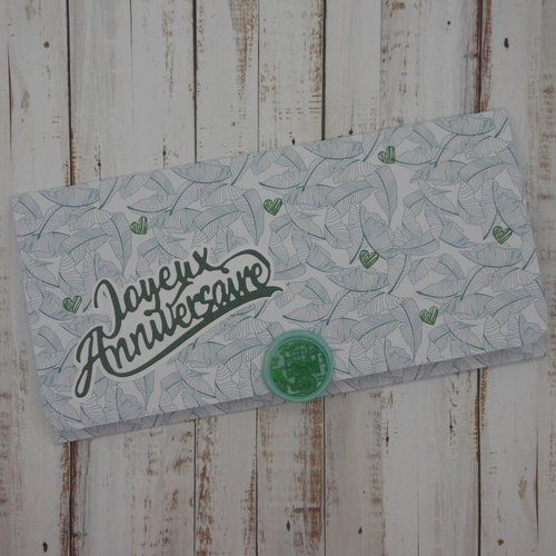 Pochette cadeau anniversaire sceau de cire décor jardin pour billet, chèque, place spectacle vert blanc fait main