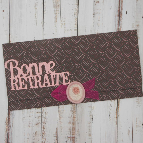Pochette cadeau retraite avec sceau de cire rose bicolore fond noir et pois pour billet, chèque, place de spectacle fait main