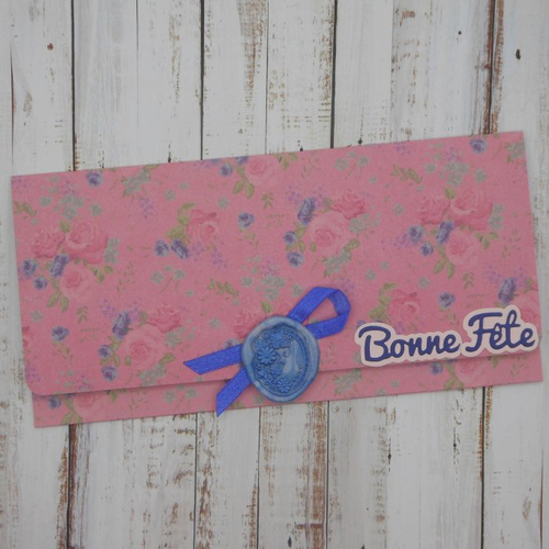 Pochette cadeau bonne fête sceau de cire pour billet, chèque, place de spectacle roses et fleurs bleu fait main