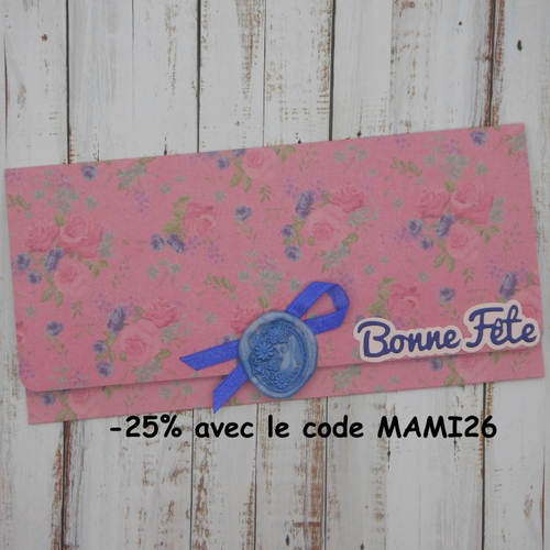 Pochette cadeau bonne fête sceau de cire pour billet, chèque, place de spectacle roses et fleurs bleu fait main
