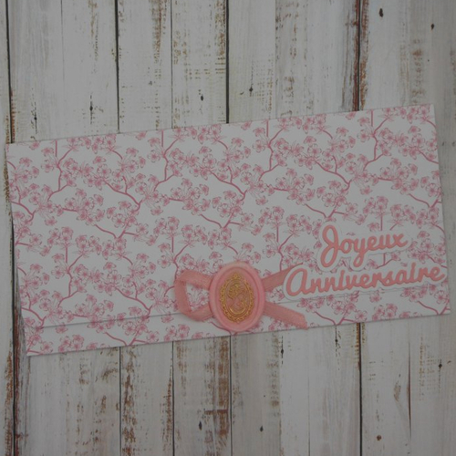 Pochette cadeau anniversaire avec sceau de cire camée pour billet, chèque, place de spectacle fleurs cerisier rose et blanc fait main
