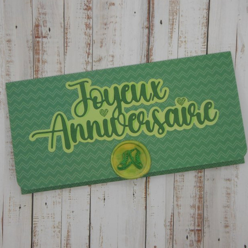 Pochette cadeau anniversaire avec sceau de cire snickers vert pour billet, chèque, place de spectacle fait main