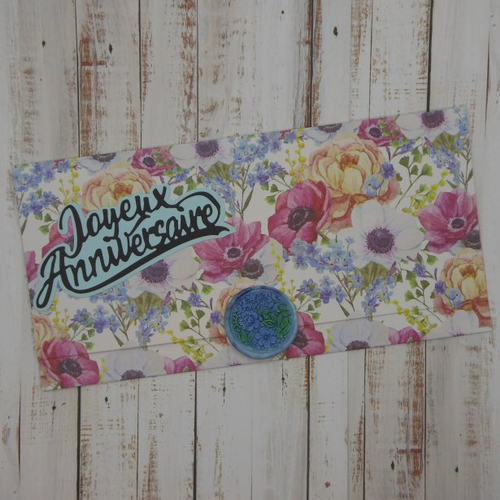 Pochette cadeau anniversaire avec sceau de cire fleurs anémones multicolores pour billet, chèque, place de spectacle fait main