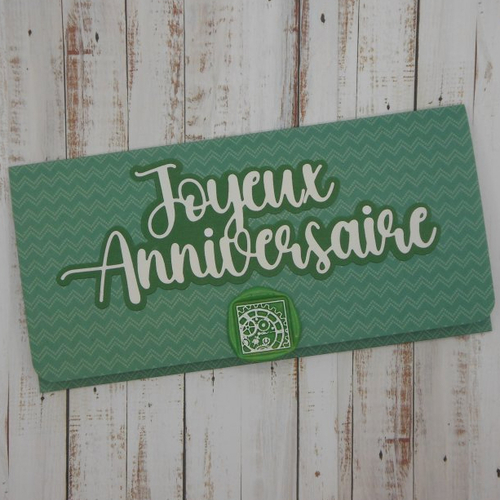 Pochette cadeau anniversaire avec sceau de cire engrenages vert pour billet, chèque, place de spectacle masculine homme ait main