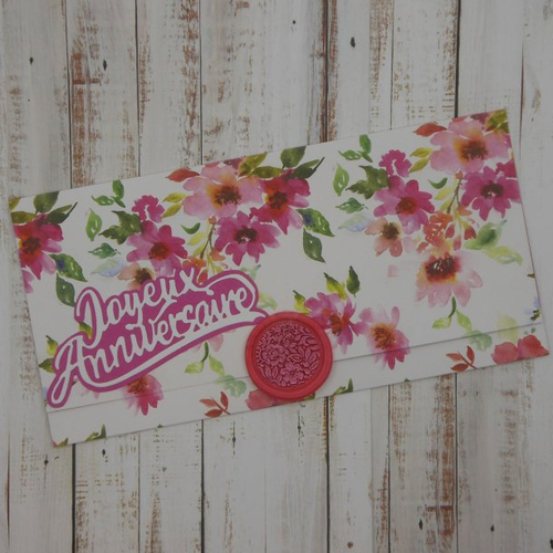 Pochette cadeau anniversaire avec sceau de cire fleurs roses 2 pour billet, chèque, place de spectacle fait main
