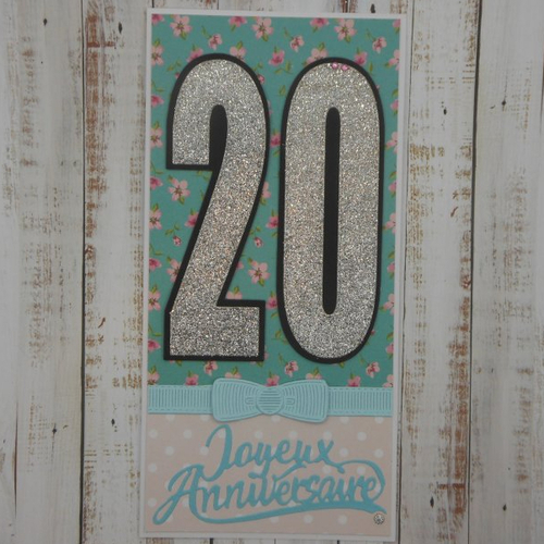 Carte anniversaire 21,5 x 10,5 tons de bleu et rose et noeud 20 ans fait main