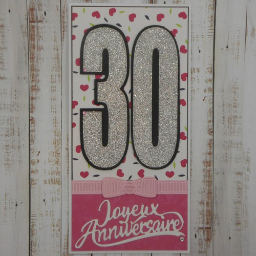 Carte anniversaire 21,5 x 10,5 rose blanc coeurs et noeud 30 ans fait main