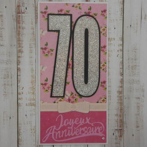 Carte anniversaire 21,5 x 10,5 tons de rose et noeud 70 ans fait main