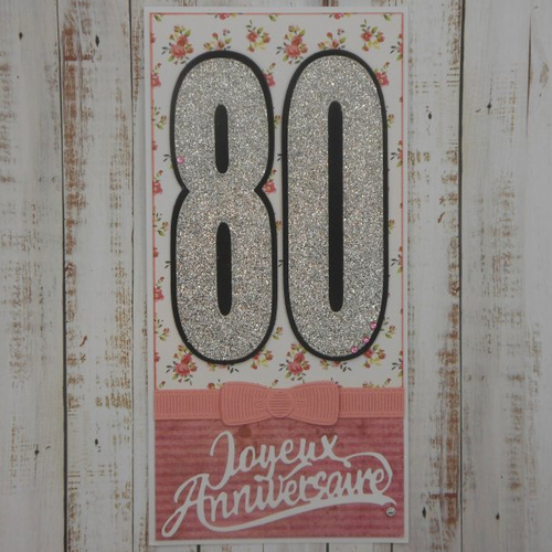 Carte anniversaire 21,5 x 10,5 tons de rose blanc et noeud 80 ans fait main