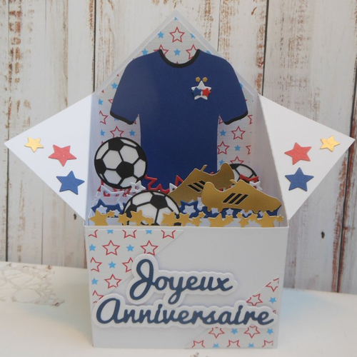 Carte anniversaire pop-up boîte 3d masculine homme thème football maillot bleu france chaussures or fait main