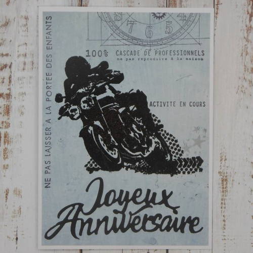 Carte anniversaire masculine homme motard moto noir et bleu gris fait main